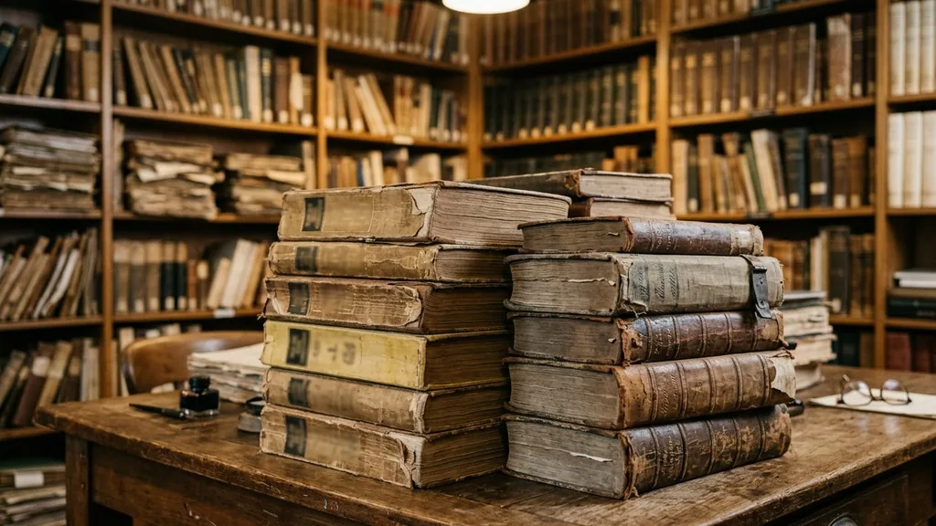 Stacked old telephone directories and ledgers on a wooden library table with bookshelves behind them