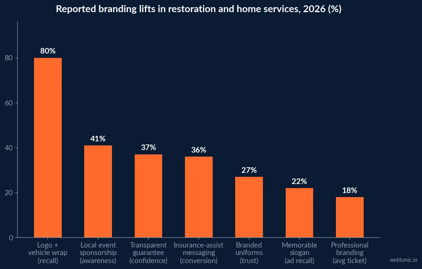 Bar chart of reported branding lifts for restoration and home services companies in 2026: 80% recall lift from consistent logos and vehicle wraps, 41% awareness lift from local event sponsorship, 37% confidence lift from transparent guarantees, 36% conversion lift from insurance-assistance messaging, 27% trust lift from branded uniforms, 22% ad recall lift from memorable slogans and 18% higher average ticket from professional branding