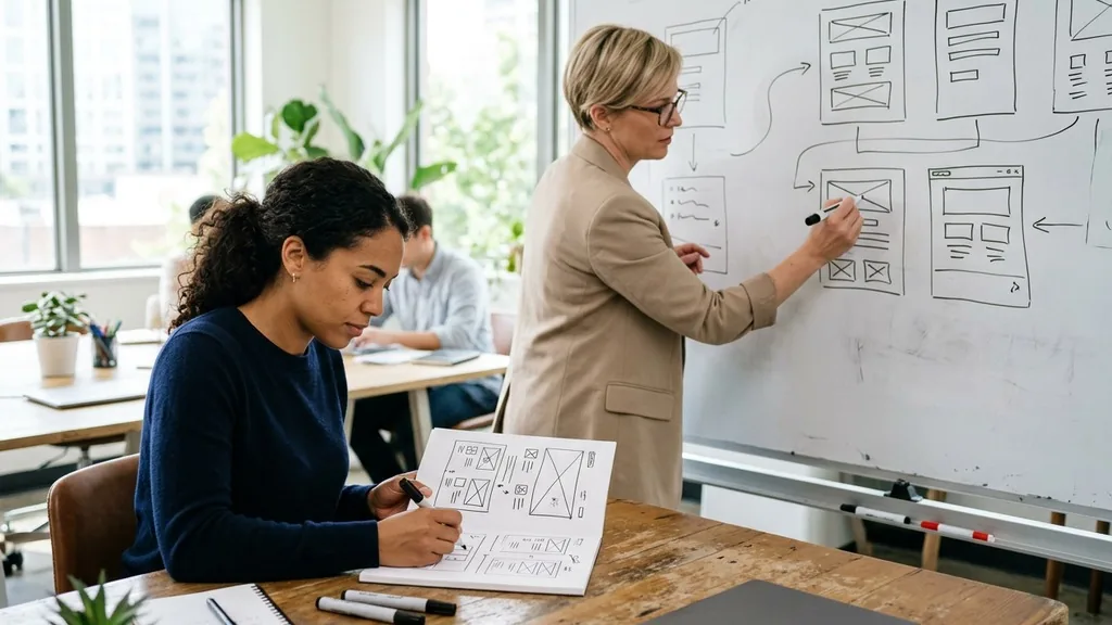 Two designers sketching rectangular wireframe layouts on paper and a whiteboard in a bright meeting room