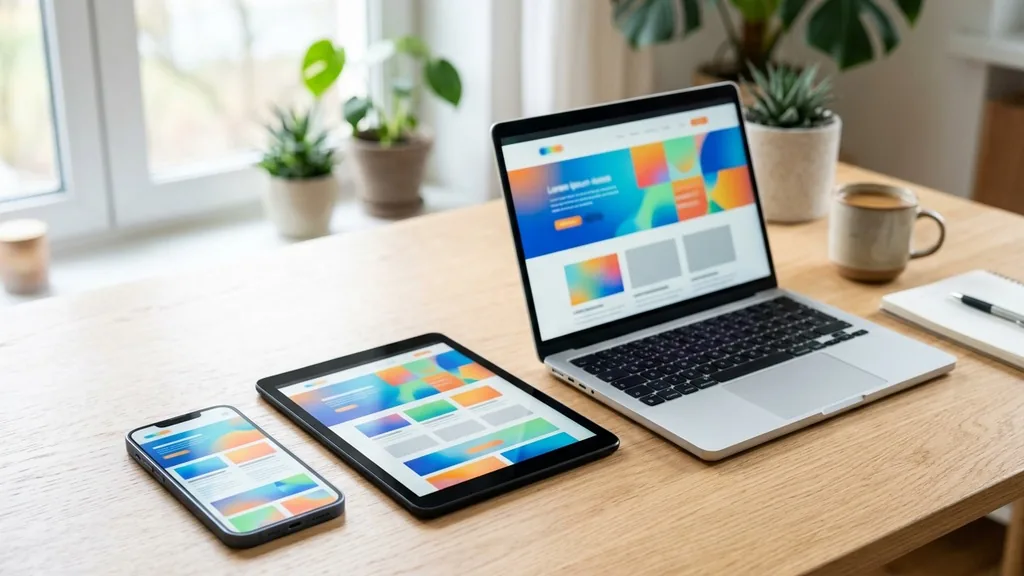 Smartphone, tablet and laptop side by side on a light wooden desk each showing a colourful adaptive website layout