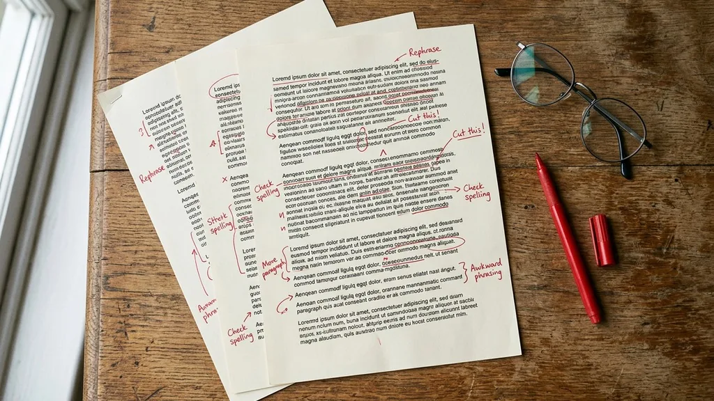 Printed draft pages marked up with red pen edits on a wooden desk beside a pair of reading glasses