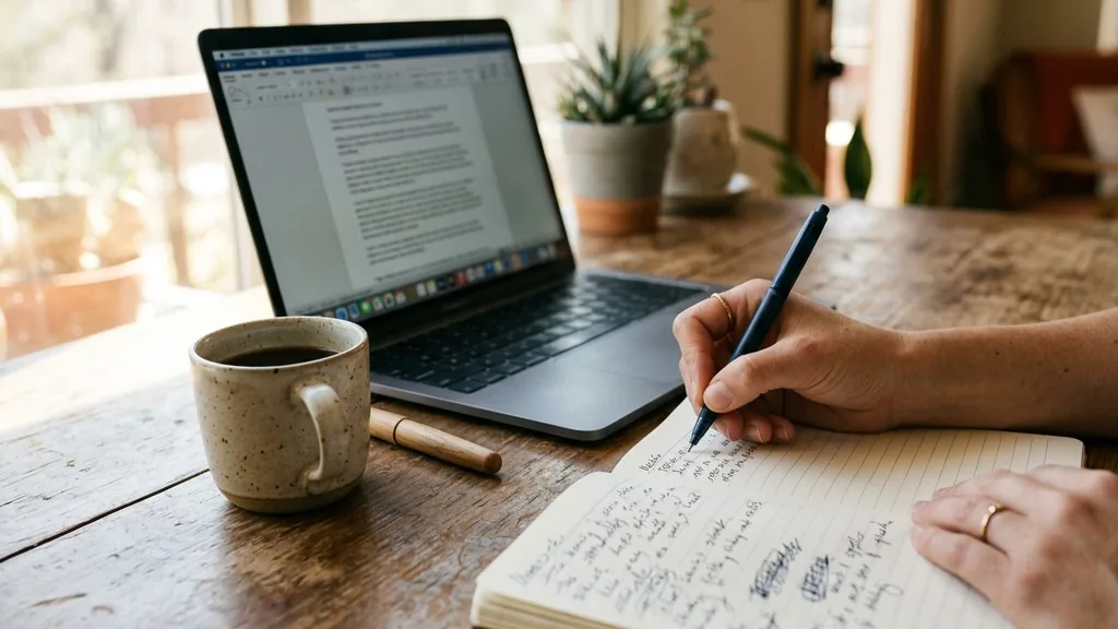 Close-up of a hand writing the opening lines of a draft in a notebook beside a laptop and a cup of coffee in warm window light