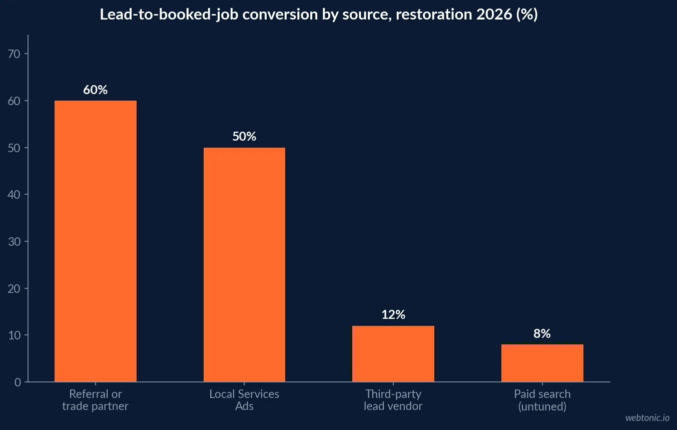 Bar chart of lead-to-booked-job conversion rates by source for restoration companies in 2026, with referrals at 60%, Local Services Ads at 50%, third-party lead vendors at 12% and untuned paid search at 8%