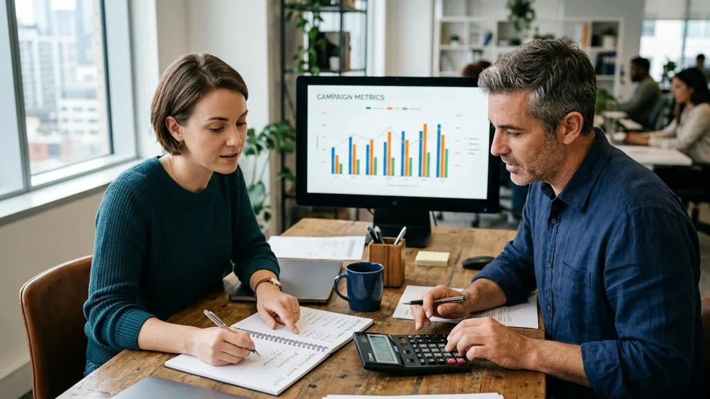 Two colleagues planning an advertising budget at a desk with a notebook, calculator and a monitor showing performance charts