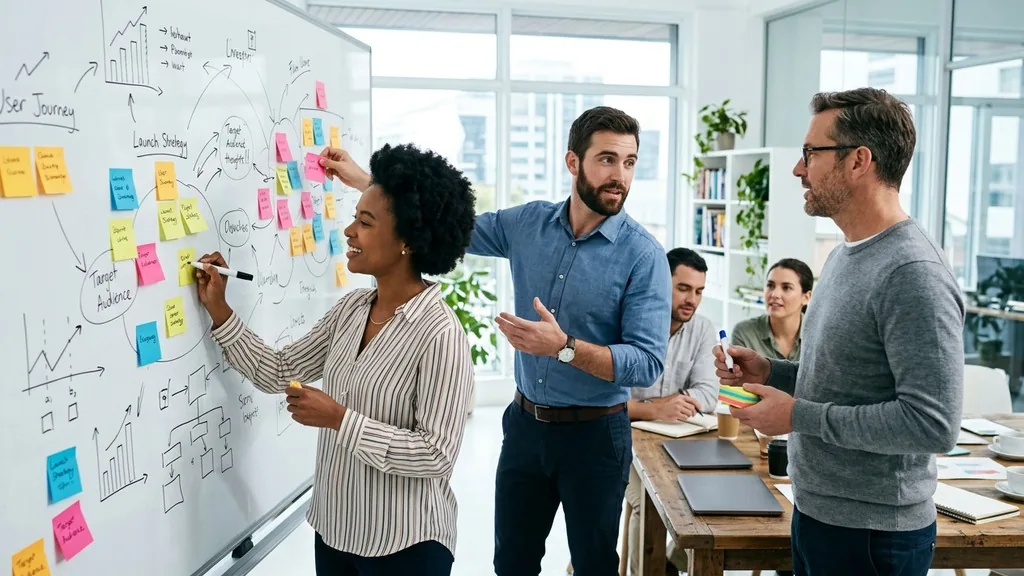 Marketing team in a strategy workshop arranging sticky notes and simple diagrams across a large whiteboard