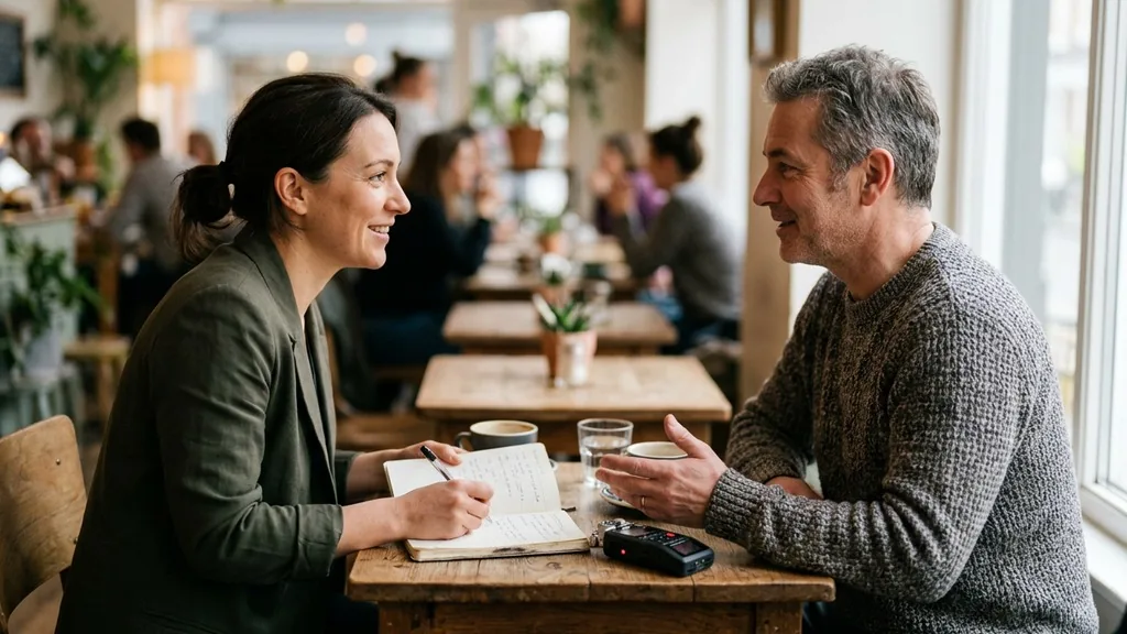 Researcher interviewing a customer across a small table with a notebook and audio recorder in soft daylight