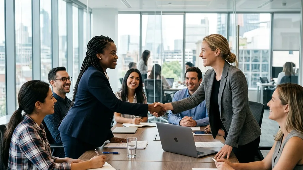 Two professionals shaking hands across a meeting table while colleagues look on in a glass-walled office