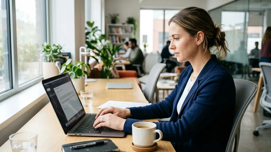 Professional writing a short introduction email on a laptop in a bright modern office with a coffee cup beside the keyboard
