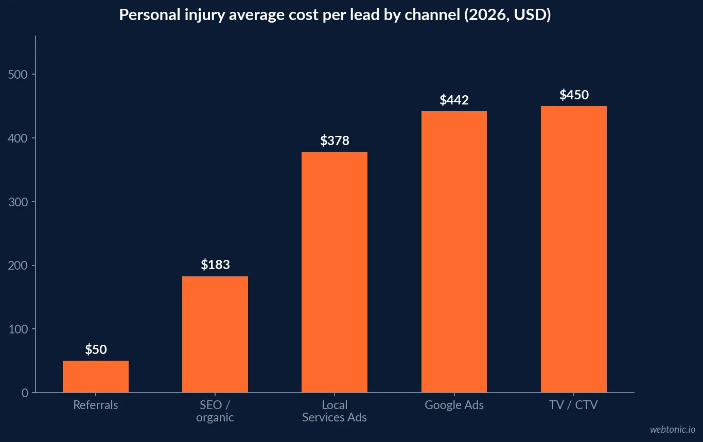 Bar chart of personal injury average cost per lead by channel in 2026: referrals about 50 dollars, SEO 183 dollars, Local Services Ads 378 dollars, Google Ads 442 dollars and TV or CTV about 450 dollars