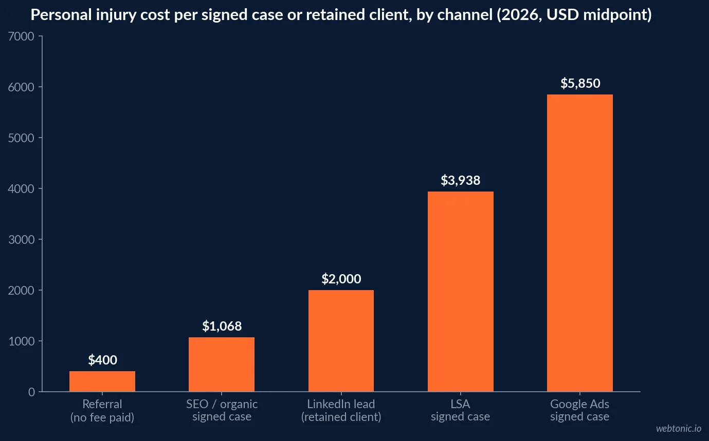 Bar chart of personal injury cost per acquired client by channel in 2026: referral about 400 dollars, SEO signed case 1,068 dollars, LinkedIn retained client 2,000 dollars, Local Services Ads signed case 3,938 dollars and Google Ads signed case 5,850 dollars