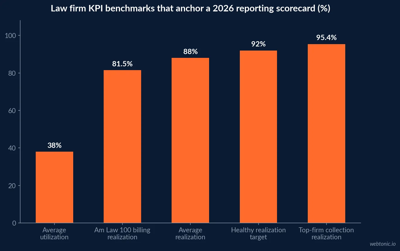 Bar chart of law firm KPI benchmarks for 2026 showing 38 percent average utilization, 81.5 percent Am Law 100 billing realization, 88 percent average realization, 92 percent healthy realization target and 95.4 percent top-firm collection realization