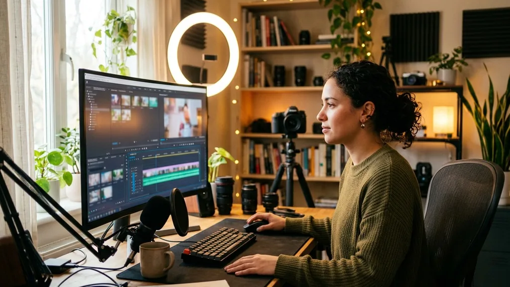 Content creator editing a video on a large desktop monitor in a warm home studio with soft ring lighting