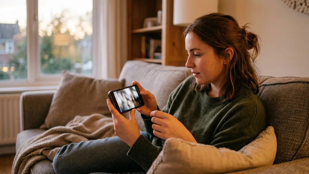 Person watching a video on a smartphone held in both hands on a sofa in soft evening daylight
