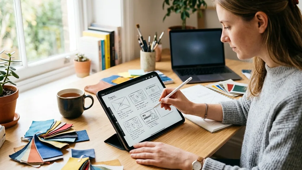 Designer sketching video thumbnail layouts on a tablet with a stylus beside colour swatches at a bright desk