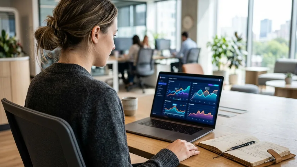 Over-the-shoulder view of a marketer reviewing video analytics line charts on a laptop in a bright office