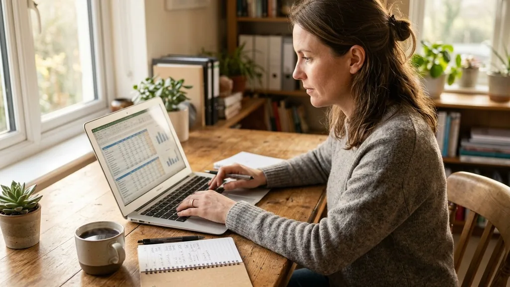 Business owner working through a marketing budget on a laptop at a wooden desk in warm morning light