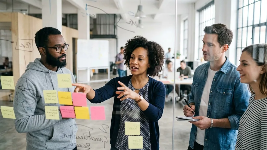 Small agency team planning in front of a glass wall covered in sticky notes in a bright studio office