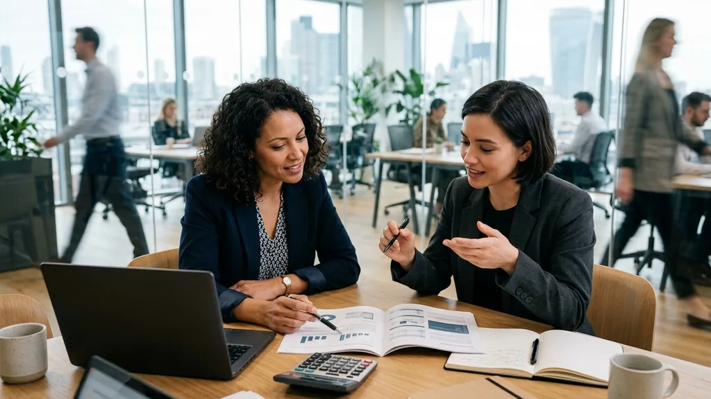 Two professionals reviewing a printed marketing proposal across a meeting table with a calculator and laptop nearby