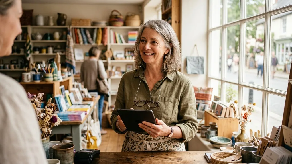 Local business owner holding a tablet behind the counter of a bright independent shop in warm daylight