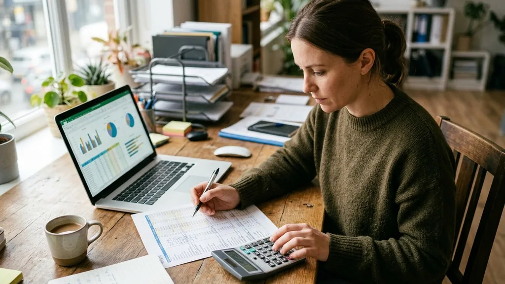 Marketer planning an advertising budget with a calculator, printed spreadsheet and laptop on a wooden desk in warm morning light