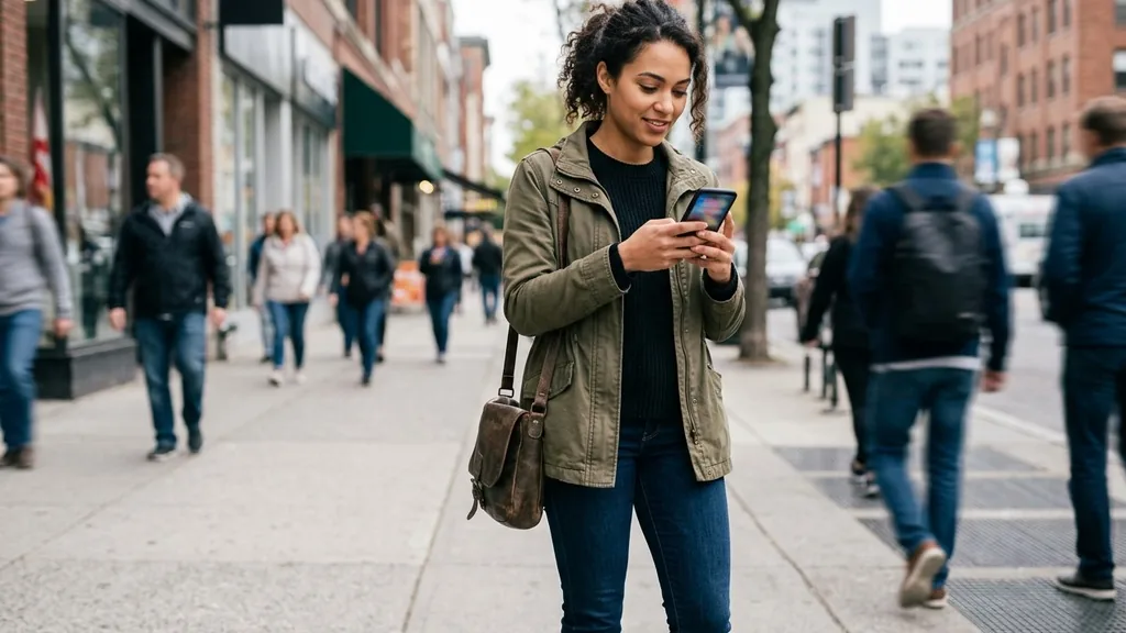 Person searching on a smartphone held in both hands while standing on a city sidewalk in soft daylight