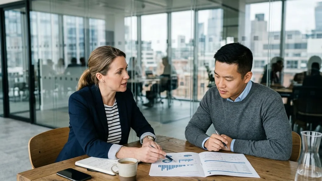 Two colleagues discussing advertising spend figures on a printed report across a meeting table in a glass-walled office