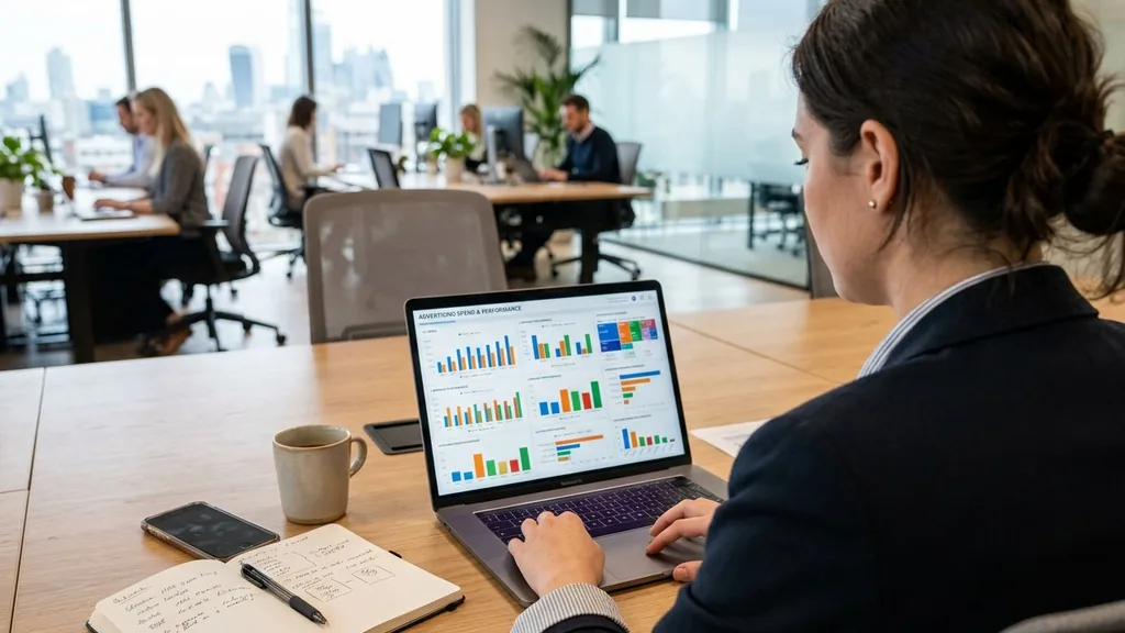 Analyst reviewing an advertising cost dashboard with bar charts on a laptop in a bright modern office