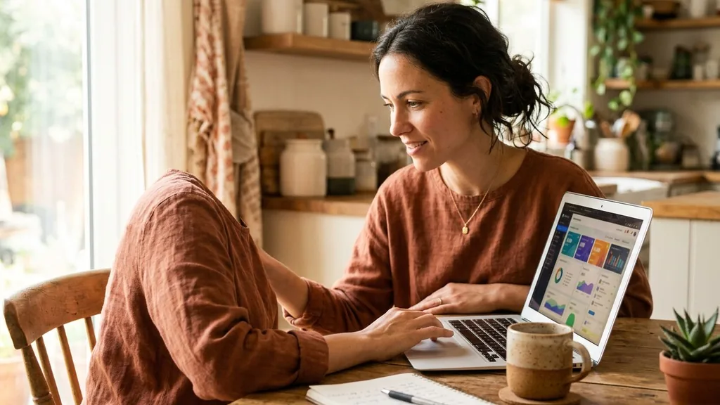 Small business owner setting up an online advertising campaign on a laptop at a bright kitchen table with a coffee cup nearby