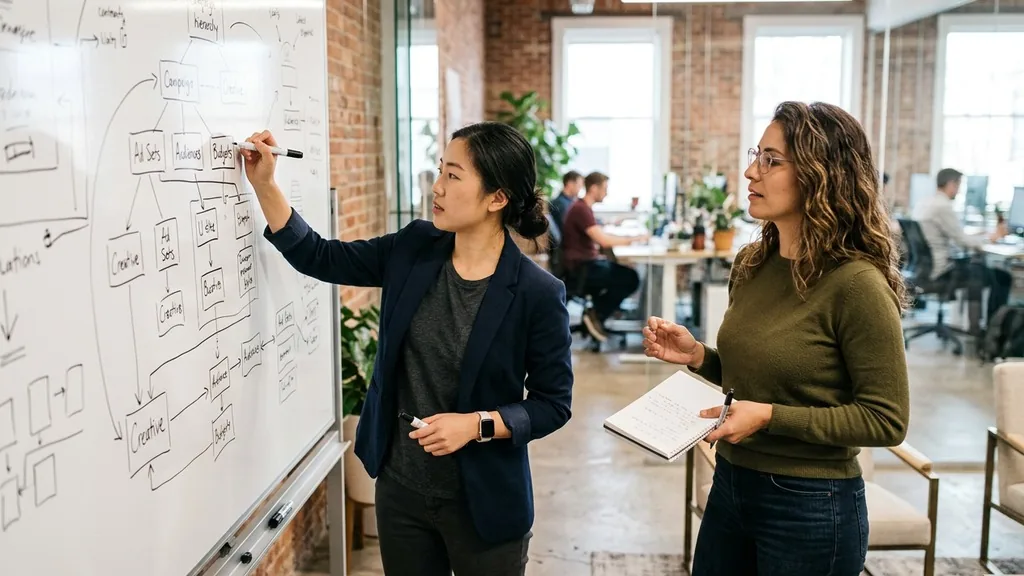 Paid media strategist drawing a campaign structure diagram on a whiteboard while a colleague watches in a modern studio office