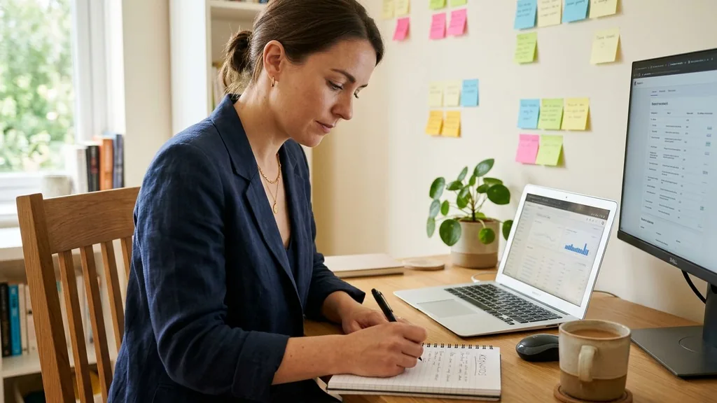 Marketer writing keyword ideas on a notepad beside a laptop and second monitor at a tidy desk with sticky notes on the wall