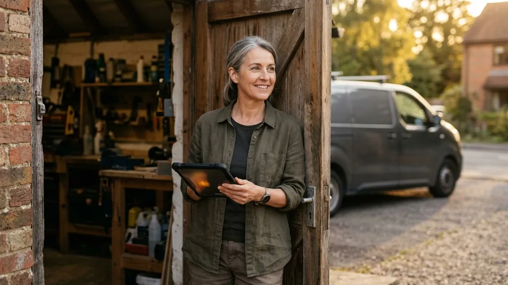 Local service business owner holding a tablet in the doorway of a small workshop with a work van blurred behind in afternoon light