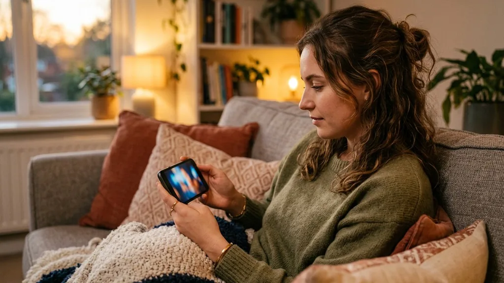 Young woman absorbed in a video on her smartphone while sitting on a sofa in warm evening light