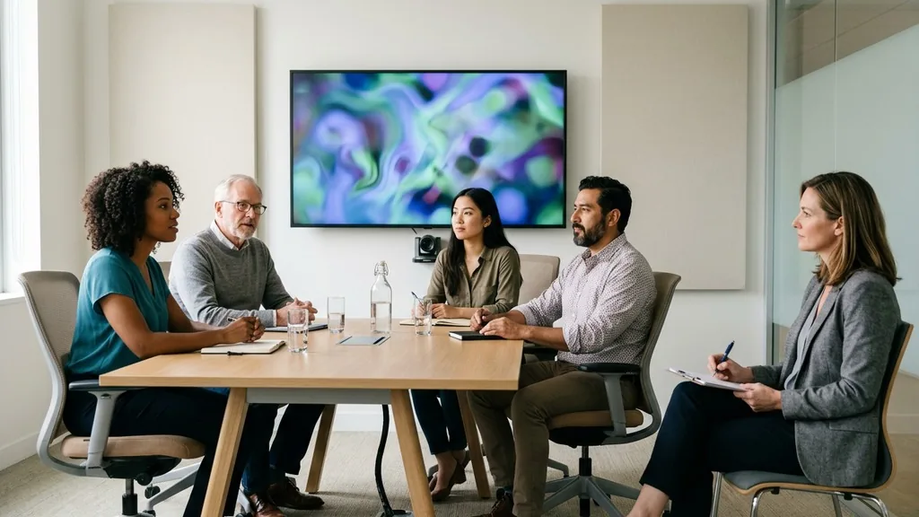 Small focus group of four adults watching a screen in a neutral research room while a moderator takes notes