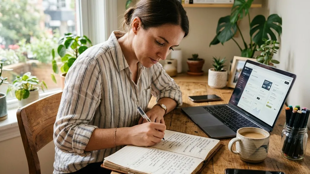 Copywriter handwriting headline options in a notebook beside a laptop at a sunlit desk with marker pens nearby
