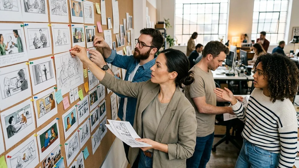 Creative team pinning storyboard frames for an advertising campaign onto a studio wall in a bright agency office