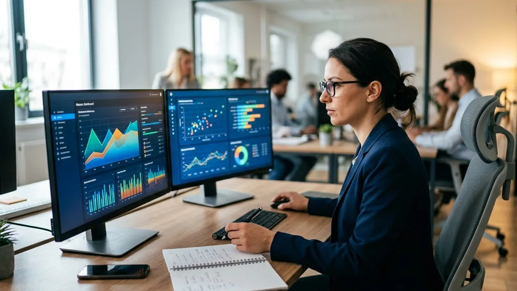 SEO analyst reviewing website performance dashboards on two monitors in a modern office with a notebook on the desk