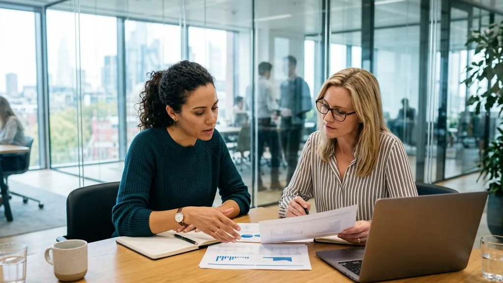 Two colleagues reviewing a printed search traffic report across a meeting table in a bright glass-walled office
