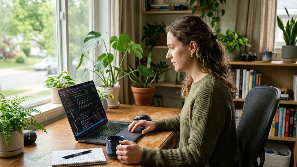 Web developer running a technical site crawl on a laptop in a quiet home office with plants and soft daylight