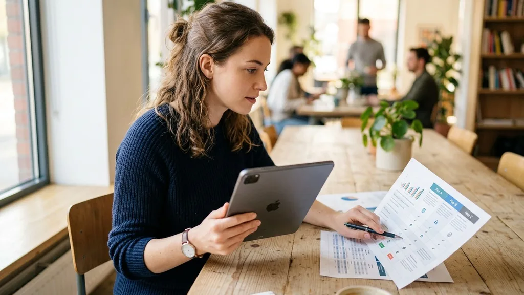 Marketer comparing software subscription plans on a tablet beside a printed comparison sheet on a light wooden table