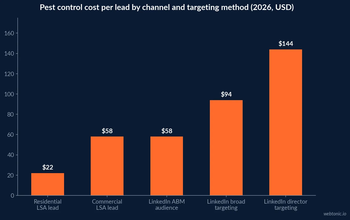 Bar chart comparing pest control lead costs across channels in 2026 showing residential Local Services Ads at 22 dollars, commercial Local Services Ads at 58 dollars, LinkedIn account-based targeting at 58 dollars, LinkedIn broad targeting at 94 dollars and LinkedIn director level targeting at 144 dollars