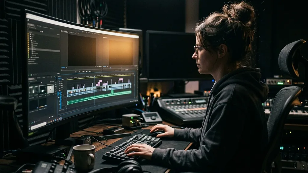 Video editor placing a music track on an audio timeline in editing software on a large monitor in a dim studio