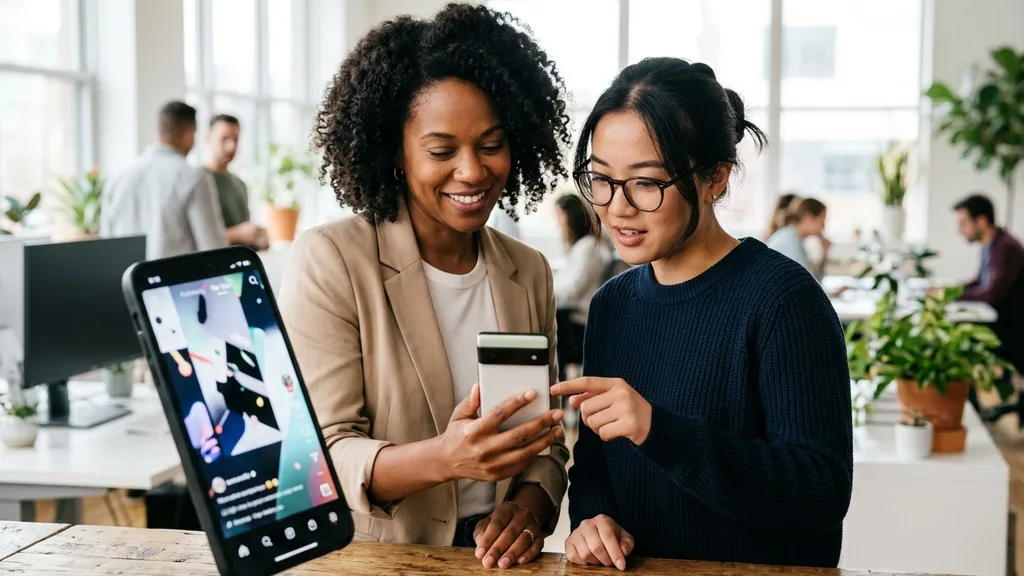 Two marketers reviewing a vertical social video on a smartphone held between them in a bright modern office