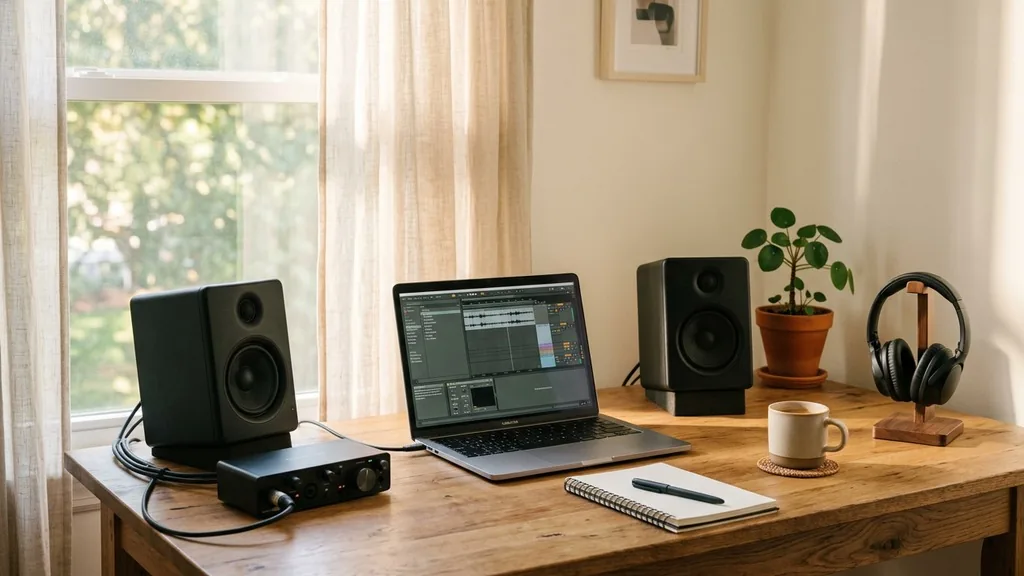 Small home studio with an audio interface, monitor speakers and a laptop on a wooden desk in warm morning light