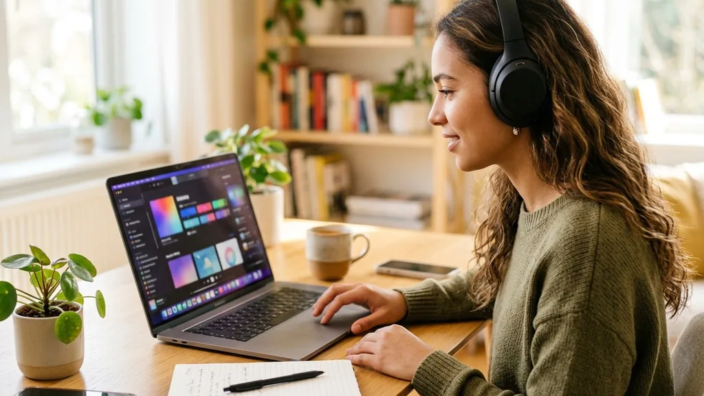 Content creator wearing over-ear headphones while browsing a music library on a laptop at a bright desk with a notebook