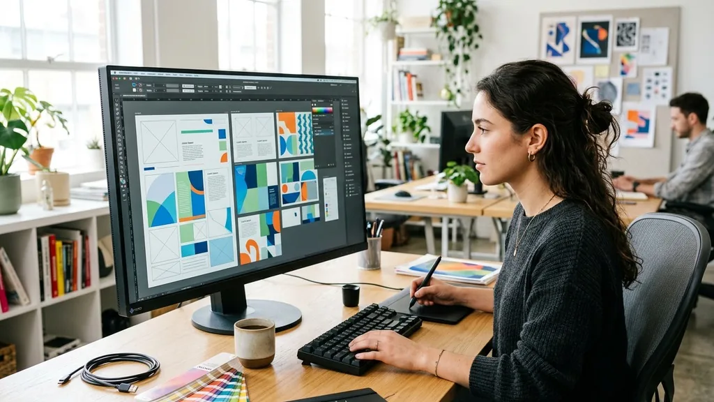 Graphic designer building branded layout templates on a large monitor in a bright studio with colour swatches on the desk