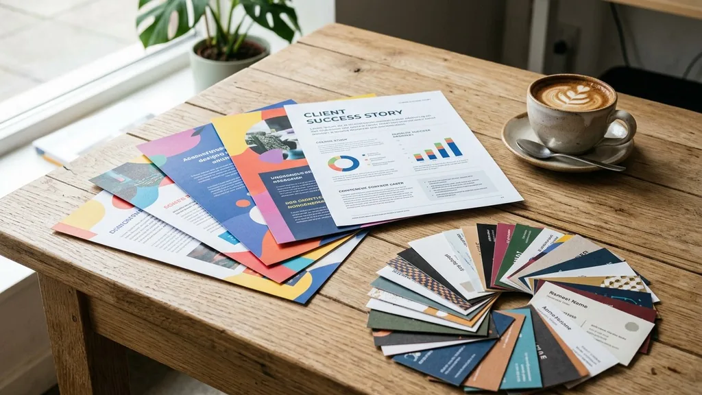 Printed brochures, a one-page case study and business cards fanned out on a light wooden table beside a coffee cup