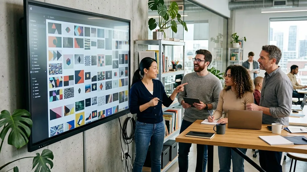 Marketing team organising a digital asset library on a wall-mounted screen showing thumbnail grids in a modern office