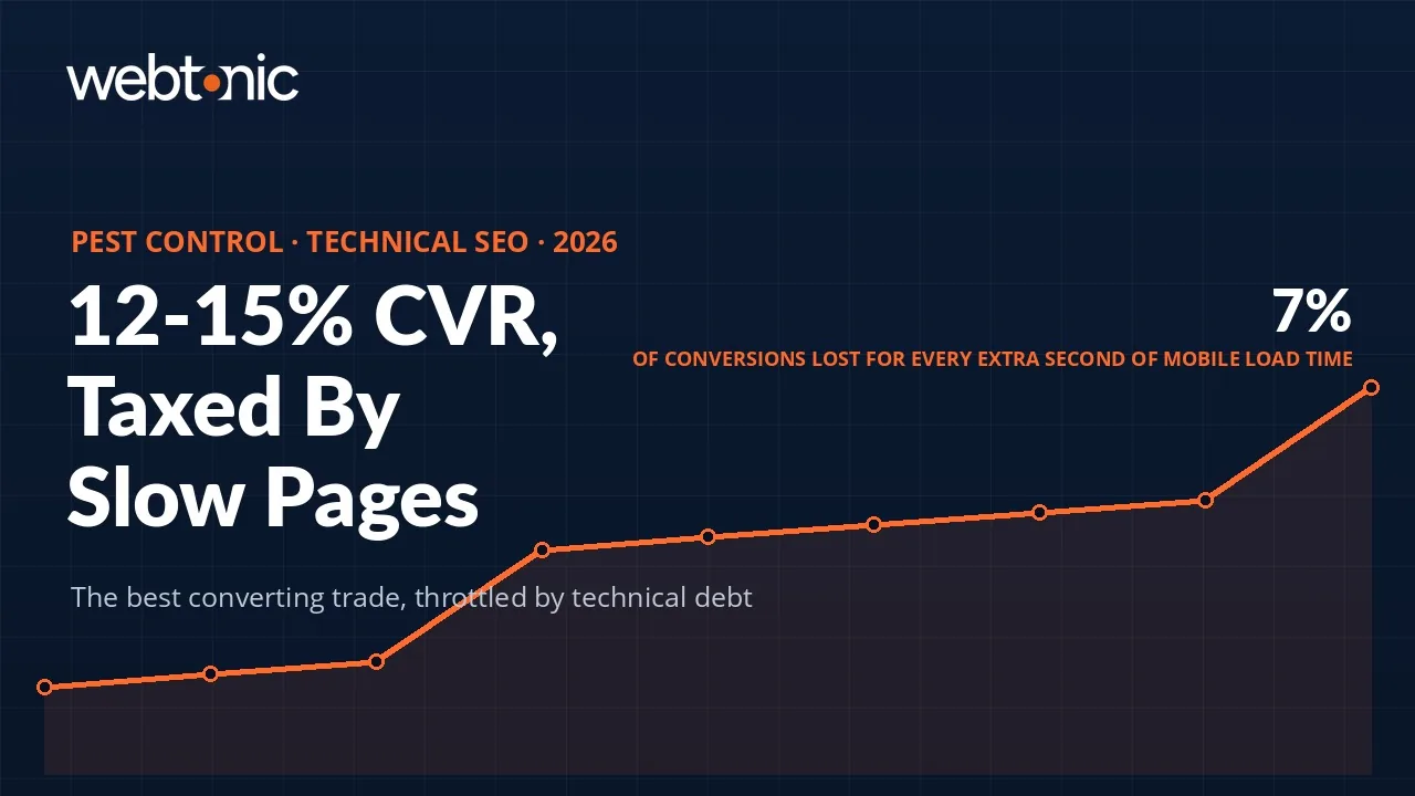 Pest control technical SEO statistics 2026 thumbnail showing 12 to 15 percent site conversion rates and 7 percent of conversions lost per extra second of mobile load time