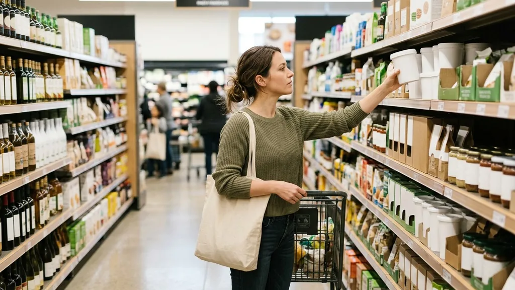 Shopper pausing in a bright supermarket aisle and reaching for a product on the shelf in a busy store