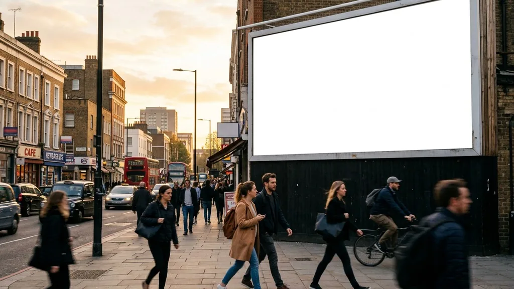 Pedestrians walking past a large blank outdoor billboard on a city street at golden hour